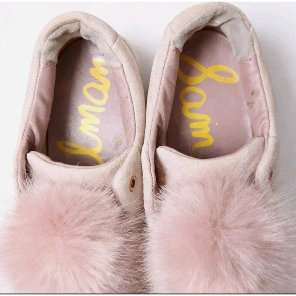 Sam Edelman Pink Suede Pom Pom Slip On Sneakers Womens 6 Blush Faux Fur